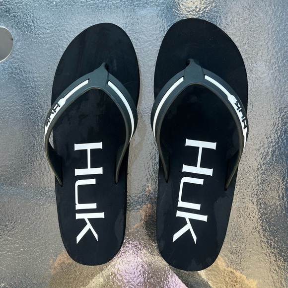 Huk | Shoes | Huk Flipster Mens Flip Flops Black With White Lettering Size  1 | Poshmark